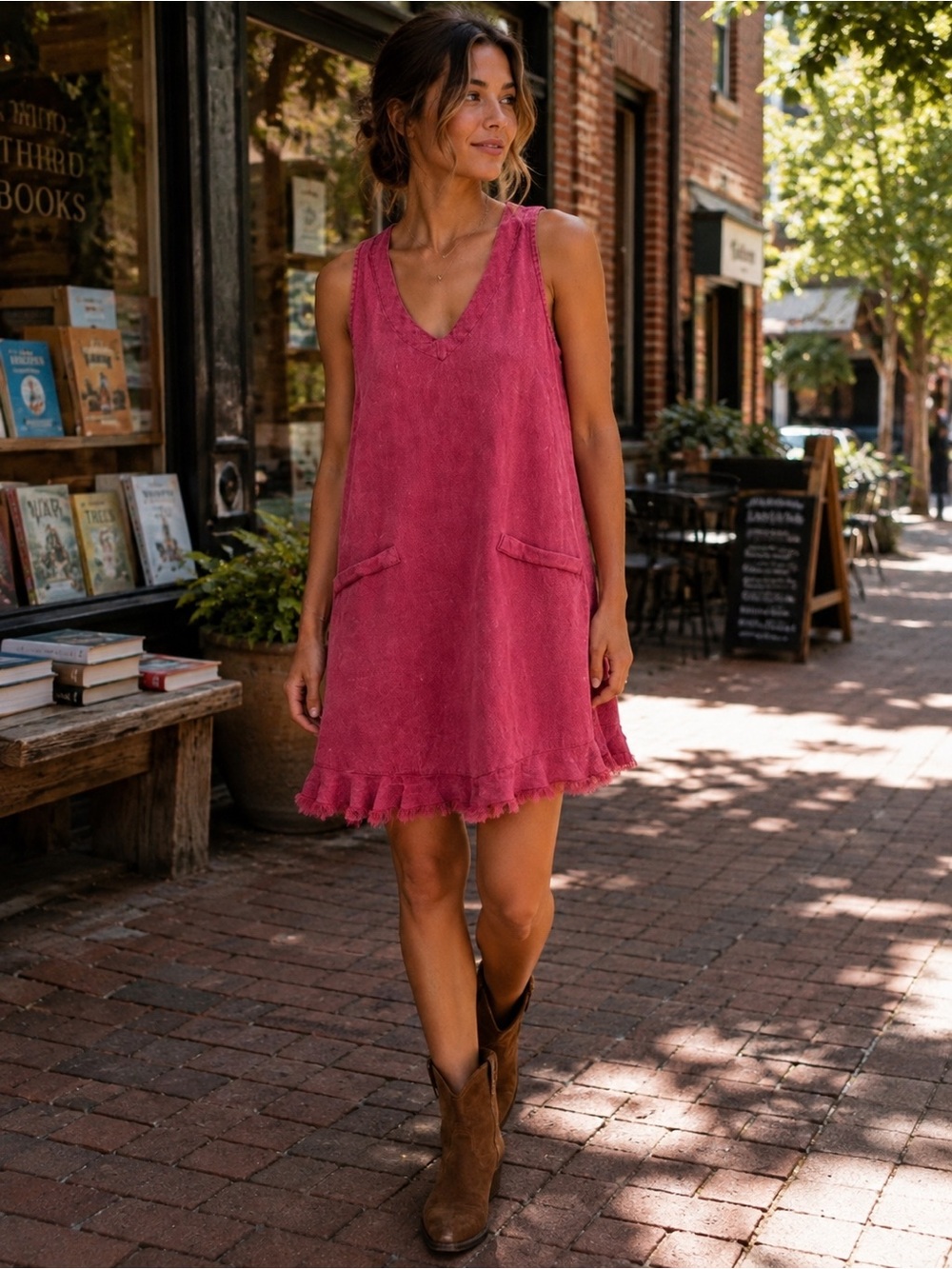 Umgee Mineral Wash Magenta Pink Boho Shift Mini Dress Frayed Hem M